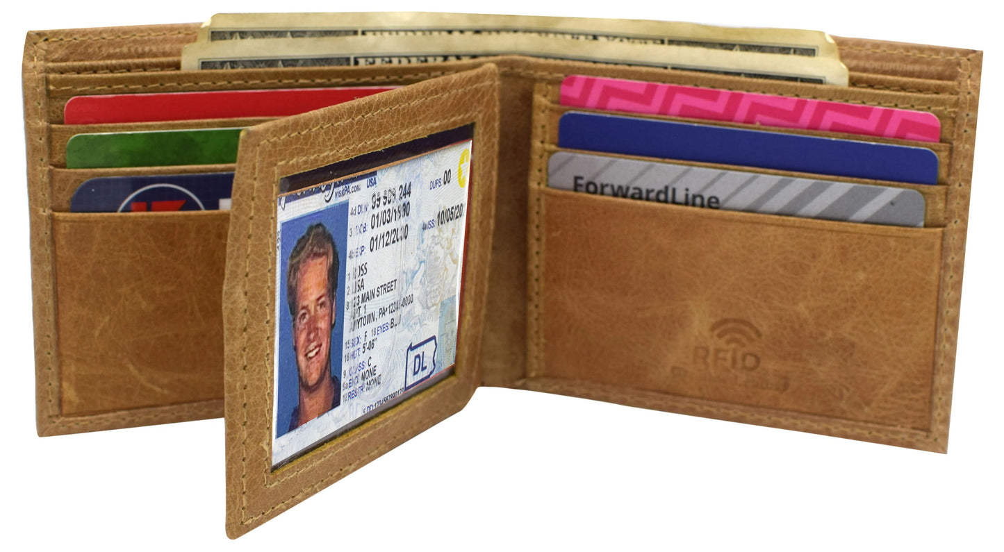Hunter Tan Leather RFID Blocking Bifold Hipster Wallet Center Flap ID Holder