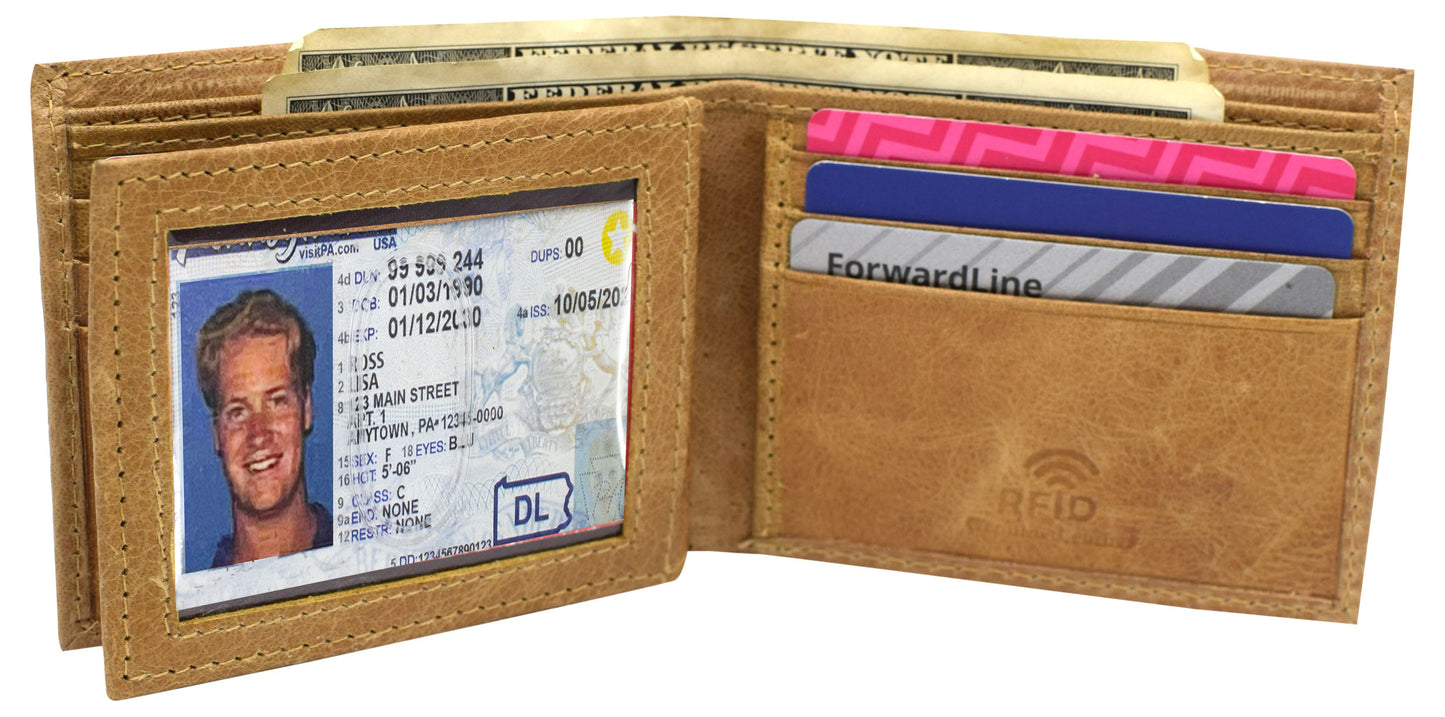 Hunter Tan Leather RFID Blocking Bifold Hipster Wallet Center Flap ID Holder