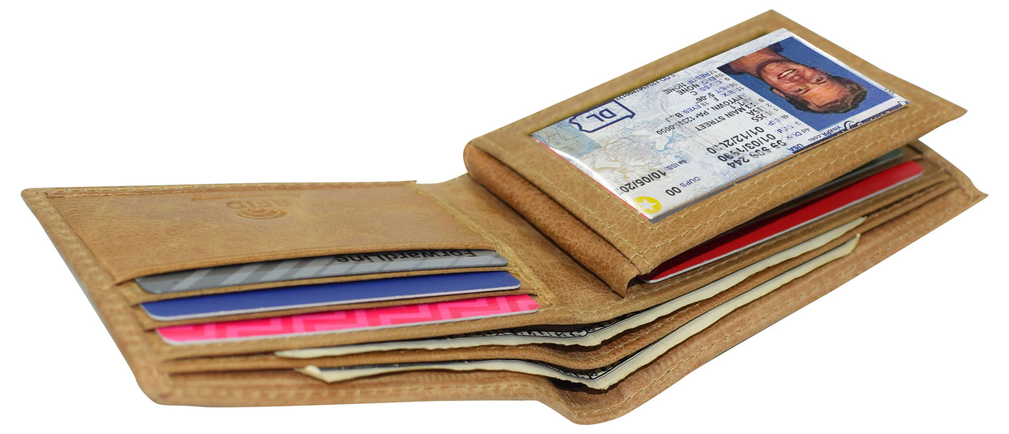 Hunter Tan Leather RFID Blocking Bifold Hipster Wallet Center Flap ID Holder