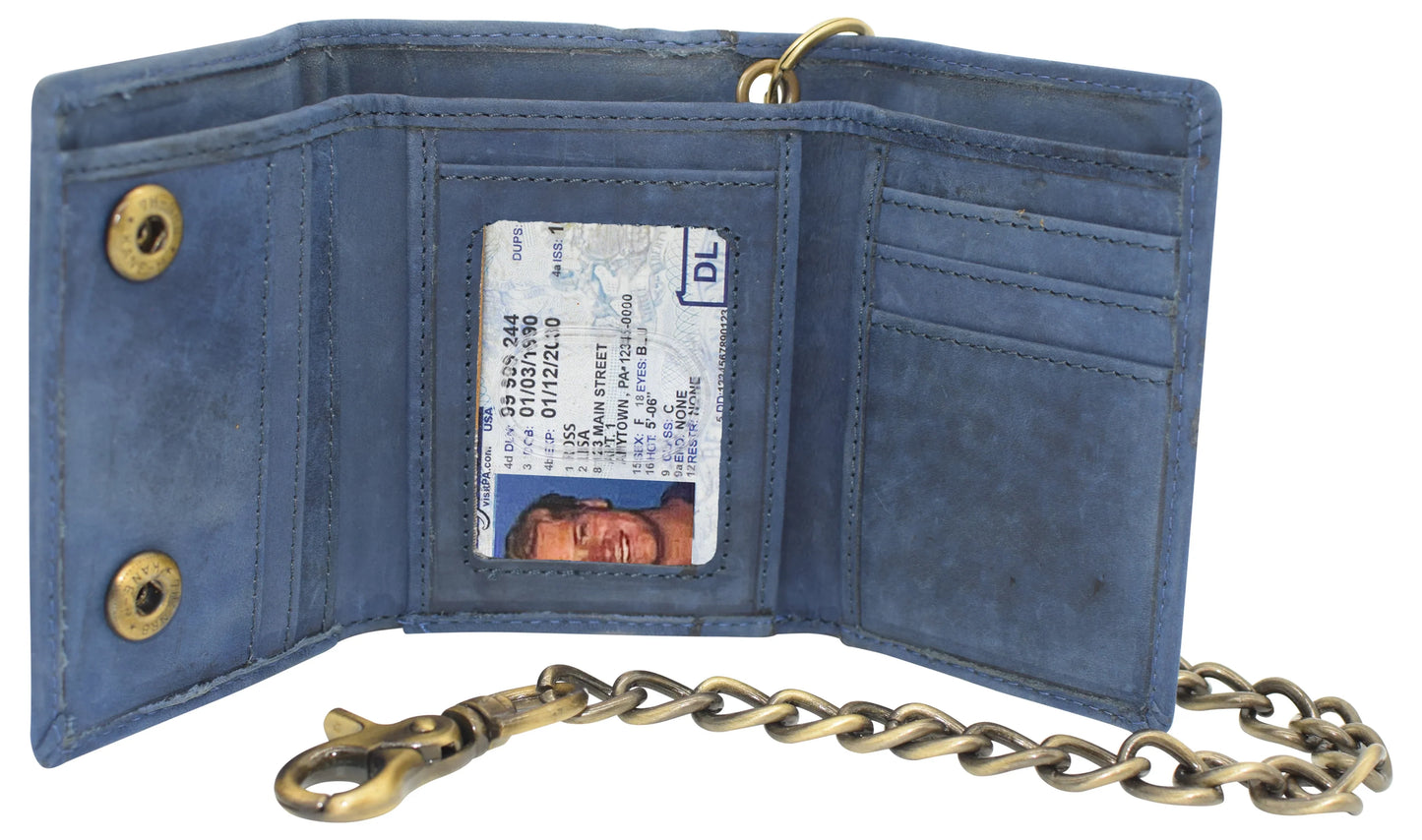 Blue Men's Leather Biker Trifold Wallet Long Chain Trucker Motorcyclist