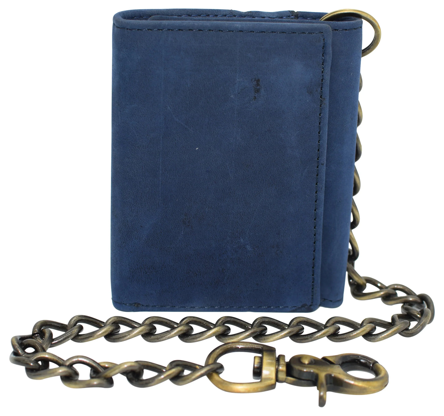 Blue Men's Leather Biker Trifold Wallet Long Chain Trucker Motorcyclist