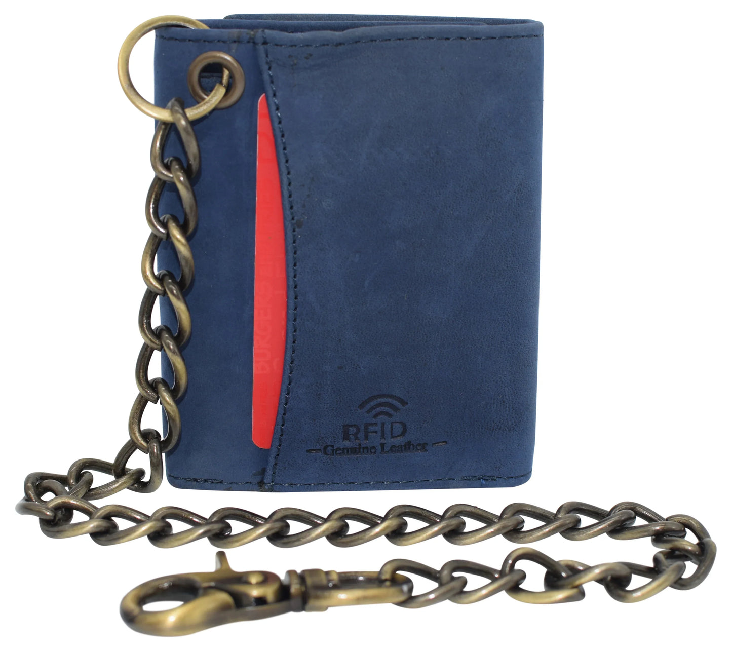 Blue Men's Leather Biker Trifold Wallet Long Chain Trucker Motorcyclist