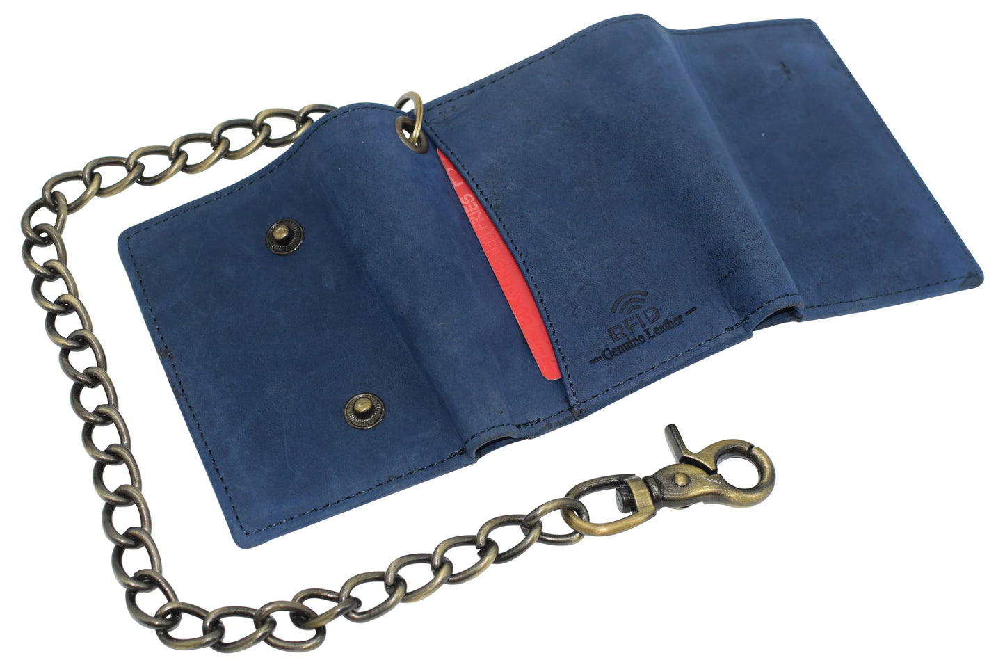 Blue Men's Leather Biker Trifold Wallet Long Chain Trucker Motorcyclist