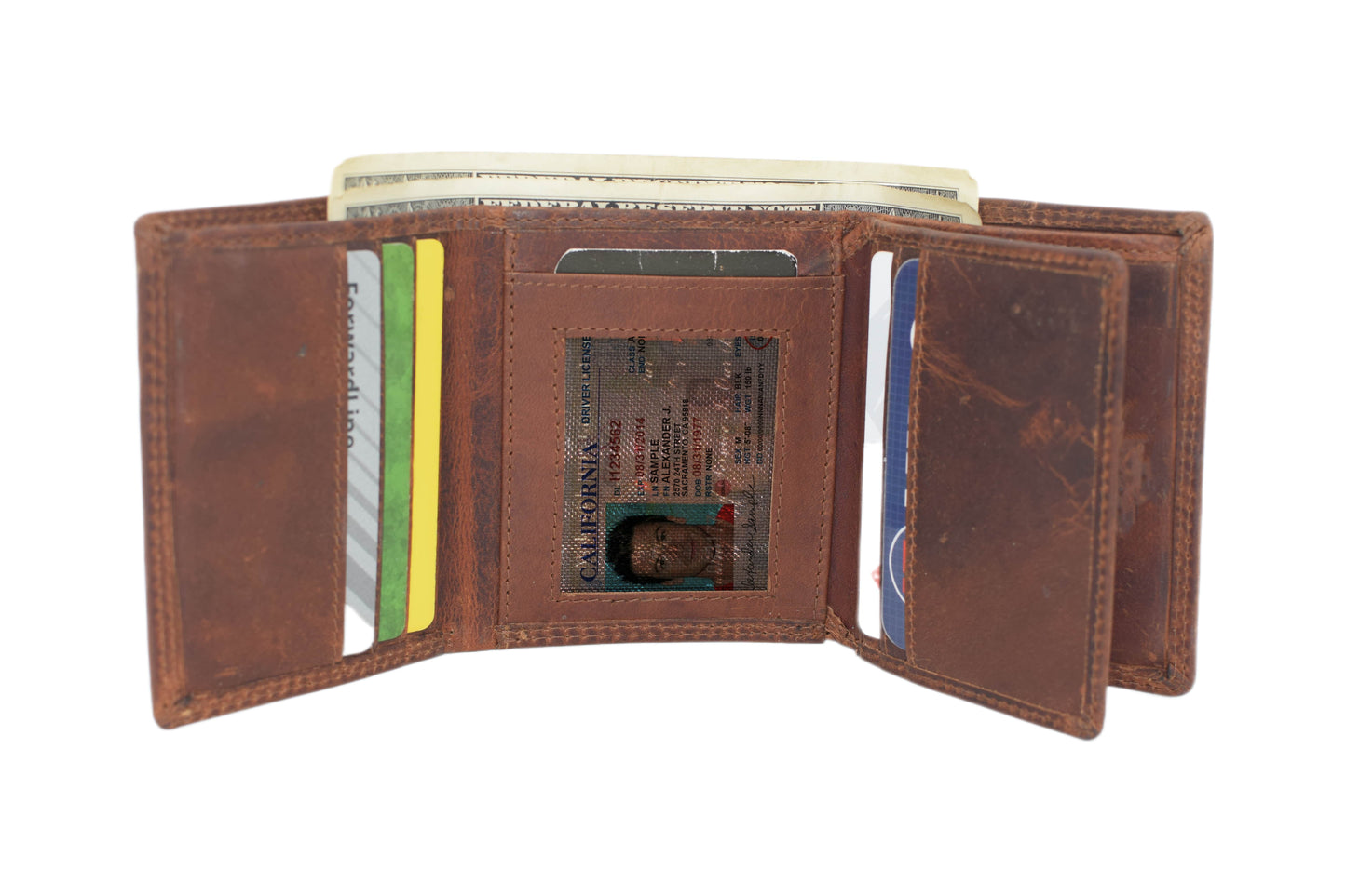 RFID Blocking Hunter Brown Vintage Distressed Leather Trifold Wallet