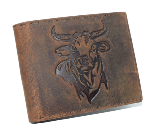 Hunter Brown RFID Blocking Leather Bifold Wallet Flip Up Patriotic Rodeo Bull