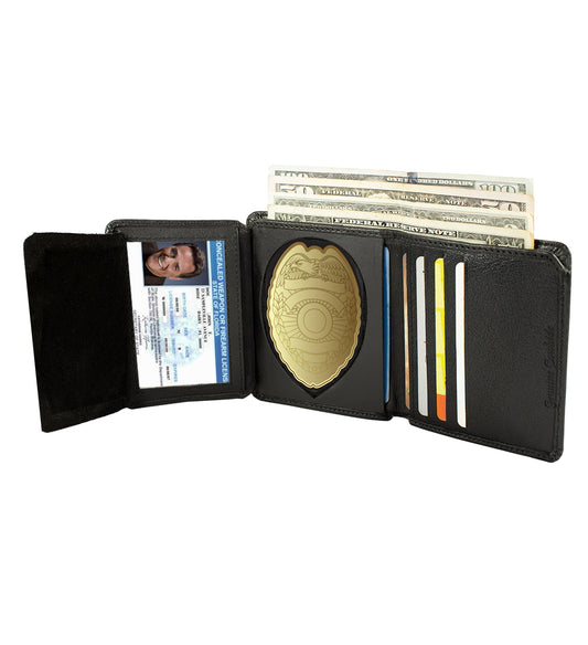 RFID Blocking Black Leather Men's Conceal Carry License Wallet Shield Badge Holder