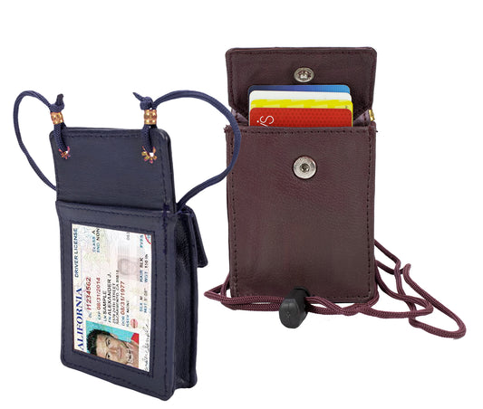 RFID Blocking Genuine Leather ID Card Holder Neck Strap Travel Wallet String Bag
