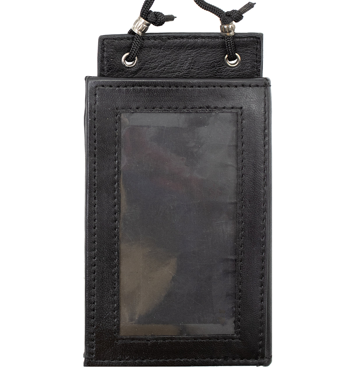 RFID BLocking Black Genuine Leather Neck Strap ID Badge 6 Credit Card Billfold Holder Zip Lanyard Wallet