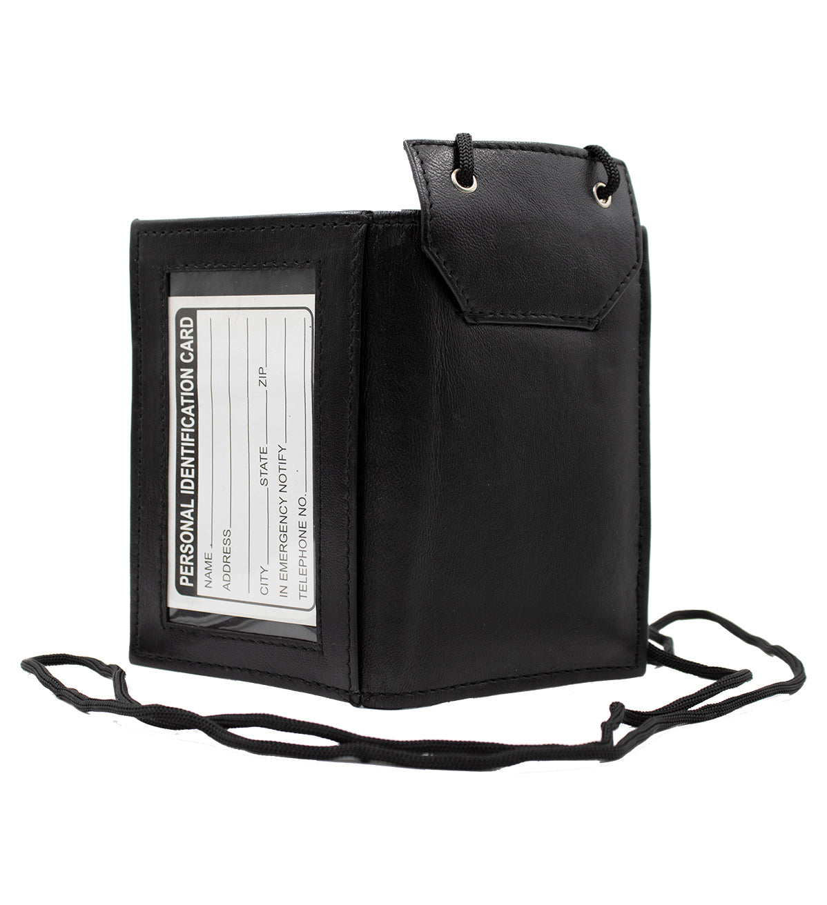 RFID BLocking Black Genuine Leather Neck Strap ID Badge 6 Credit Card Billfold Holder Zip Lanyard Wallet