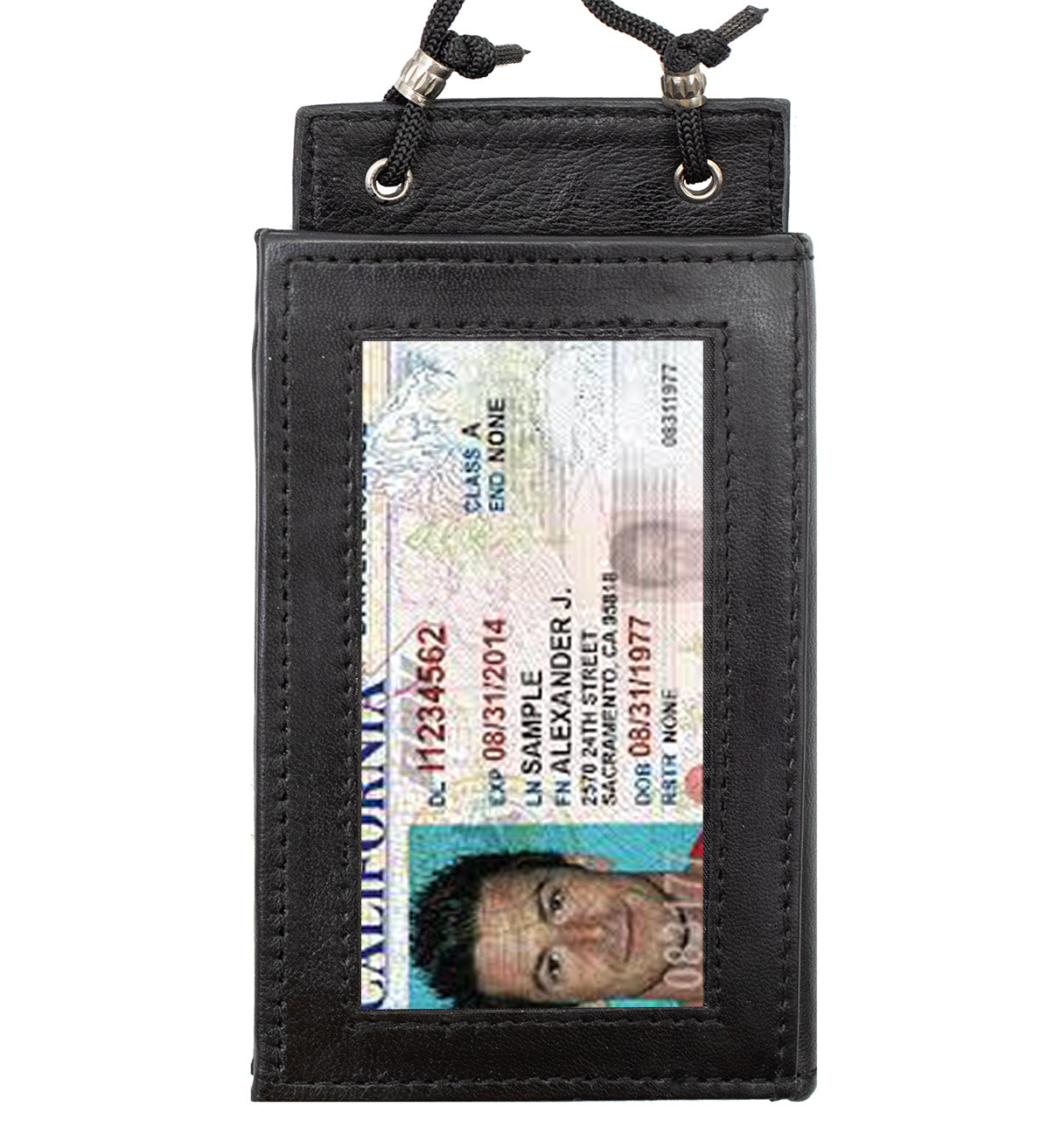 RFID BLocking Black Genuine Leather Neck Strap ID Badge 6 Credit Card Billfold Holder Zip Lanyard Wallet