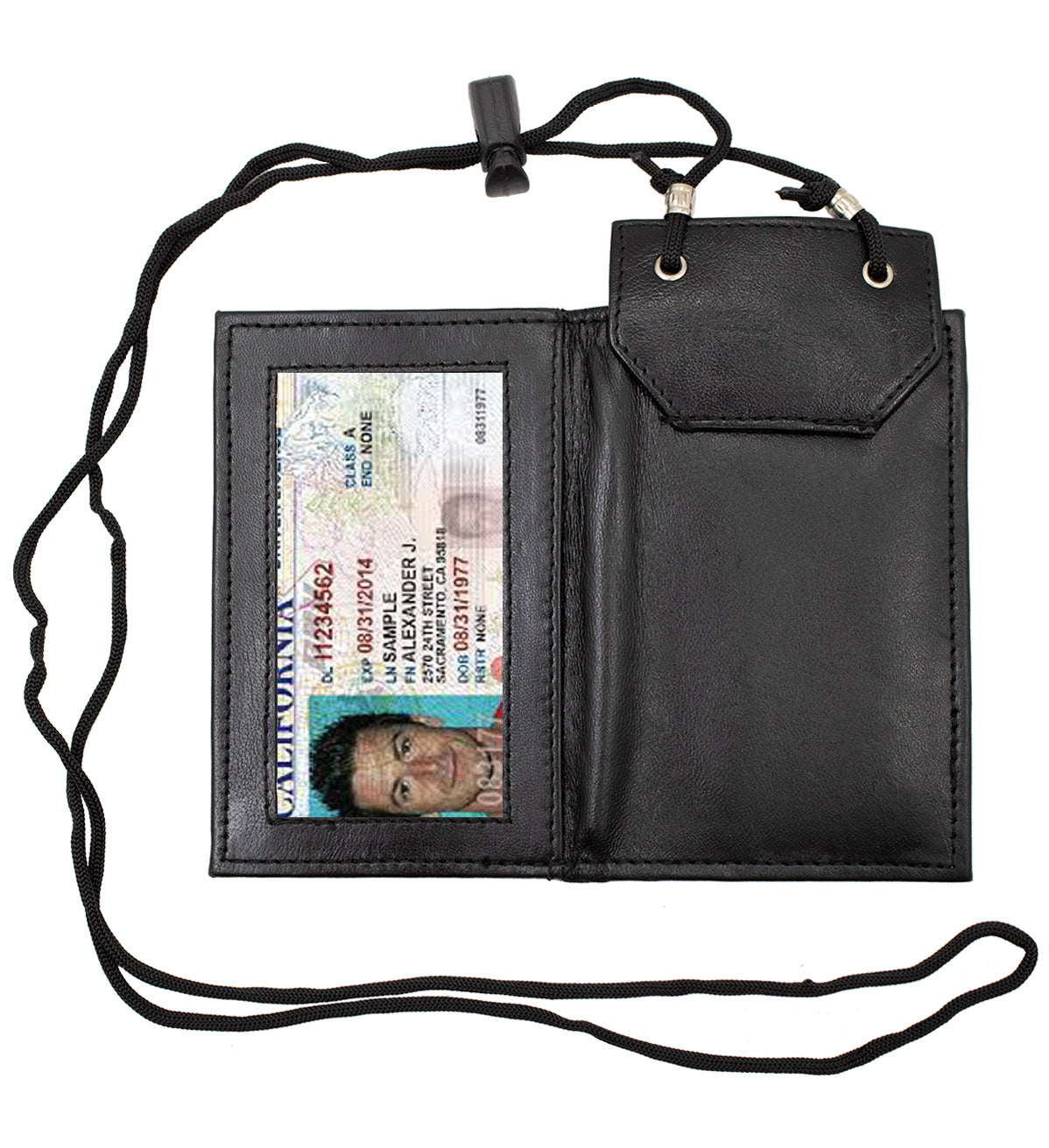 RFID BLocking Black Genuine Leather Neck Strap ID Badge 6 Credit Card Billfold Holder Zip Lanyard Wallet