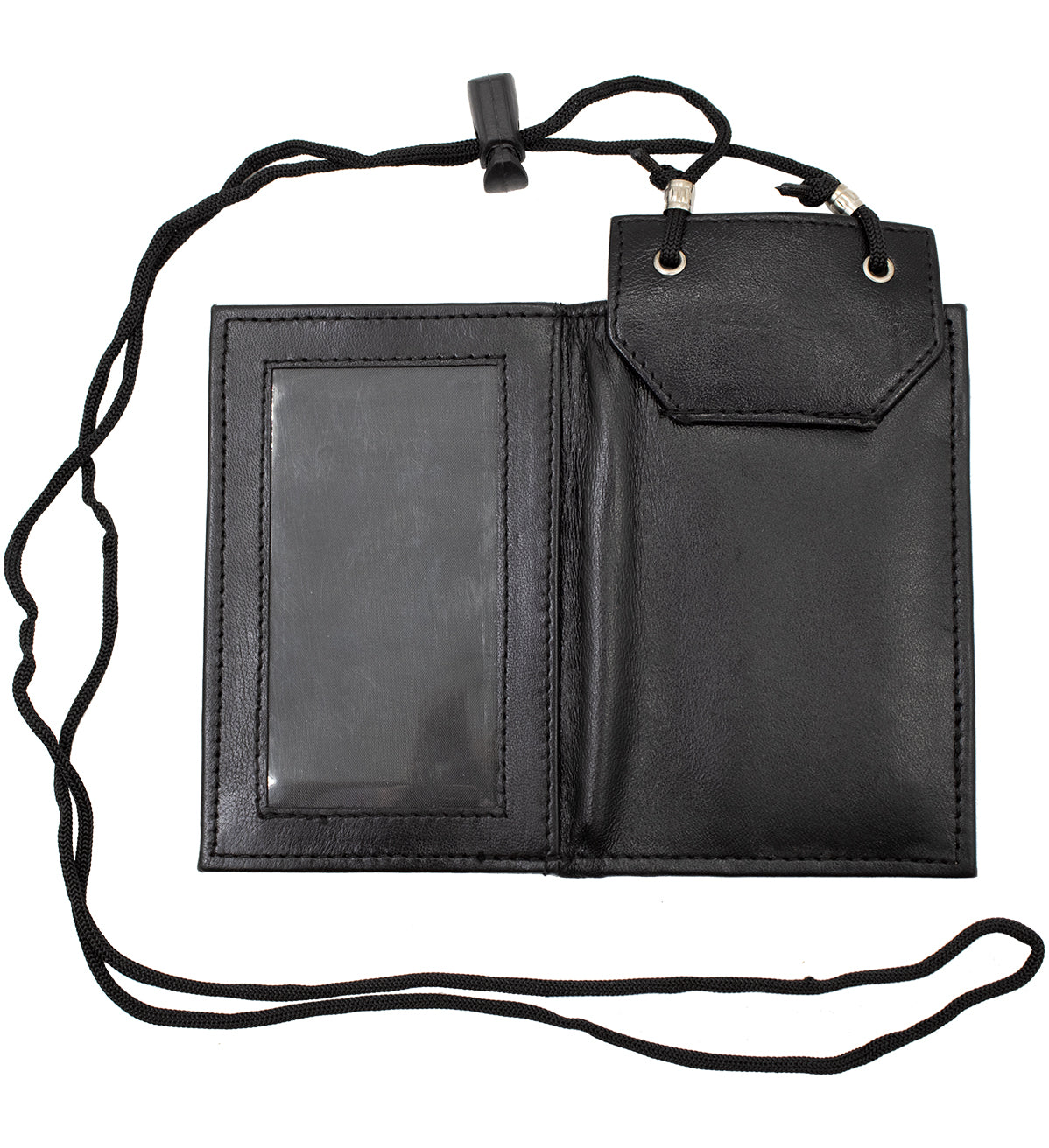 RFID BLocking Black Genuine Leather Neck Strap ID Badge 6 Credit Card Billfold Holder Zip Lanyard Wallet
