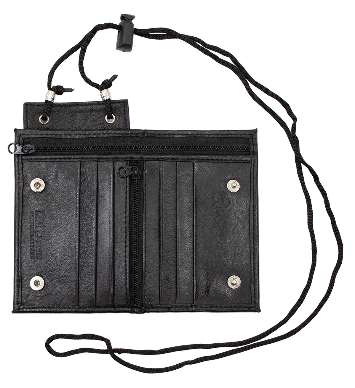 RFID BLocking Black Genuine Leather Neck Strap ID Badge 6 Credit Card Billfold Holder Zip Lanyard Wallet