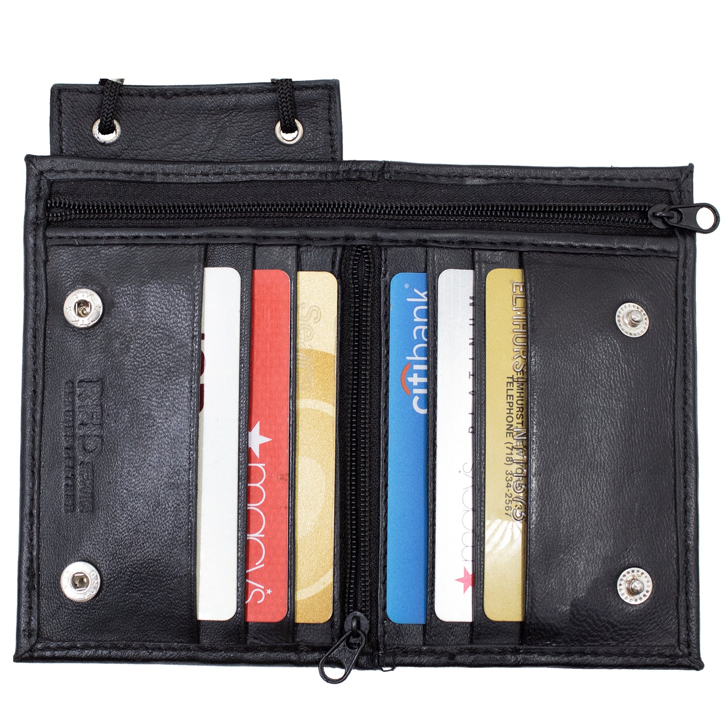 RFID BLocking Black Genuine Leather Neck Strap ID Badge 6 Credit Card Billfold Holder Zip Lanyard Wallet