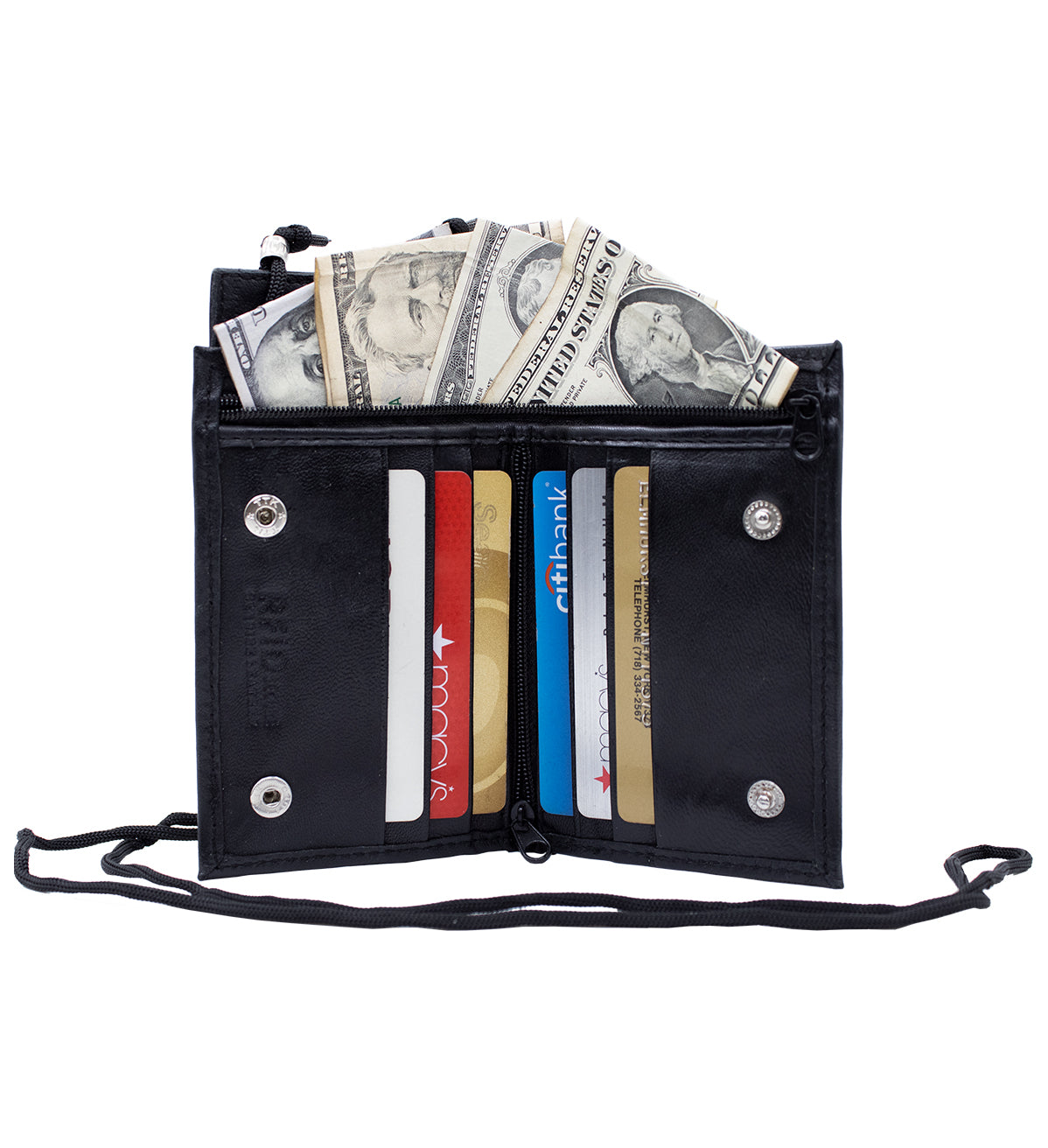 RFID BLocking Black Genuine Leather Neck Strap ID Badge 6 Credit Card Billfold Holder Zip Lanyard Wallet