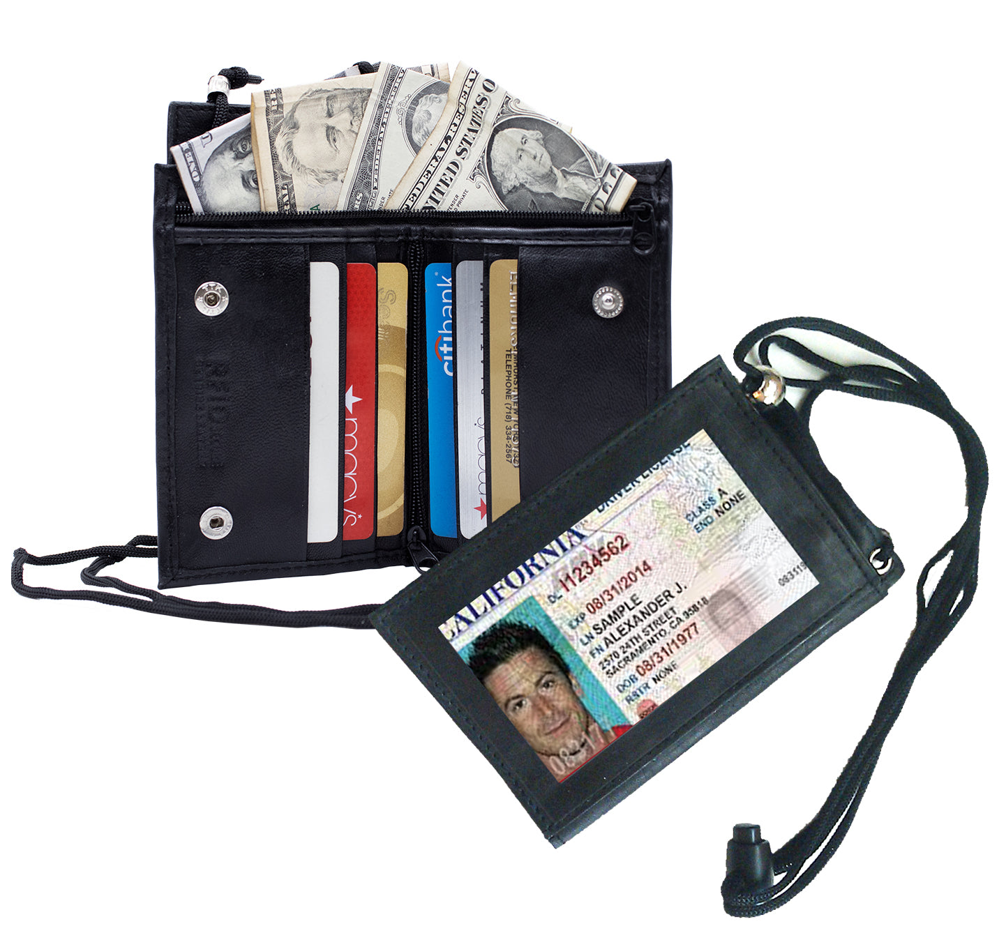 RFID BLocking Black Genuine Leather Neck Strap ID Badge 6 Credit Card Billfold Holder Zip Lanyard Wallet
