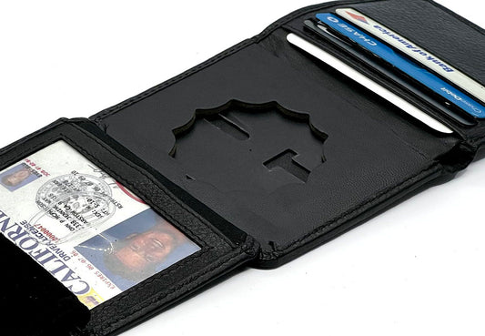 RFID Blocking Black Leather Men's Conceal Carry Badge Wallet License Security 12 Point Star Shield badge