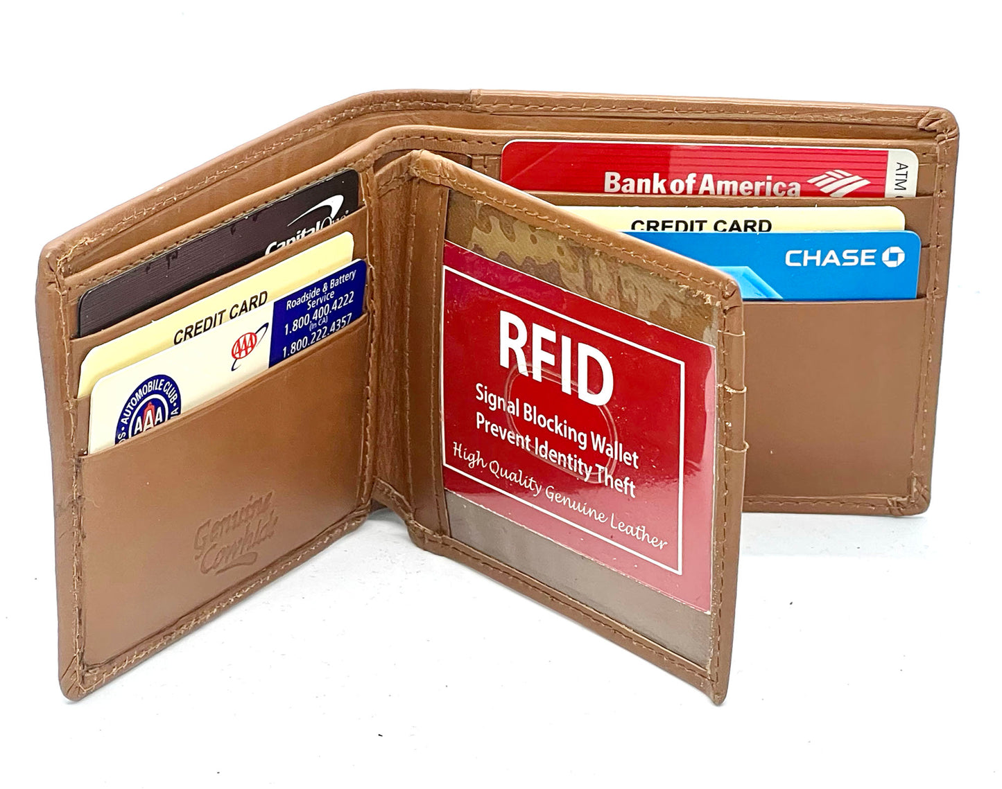 Tan RFID Blocking Premium Leather enter Flap Bifold Wallet