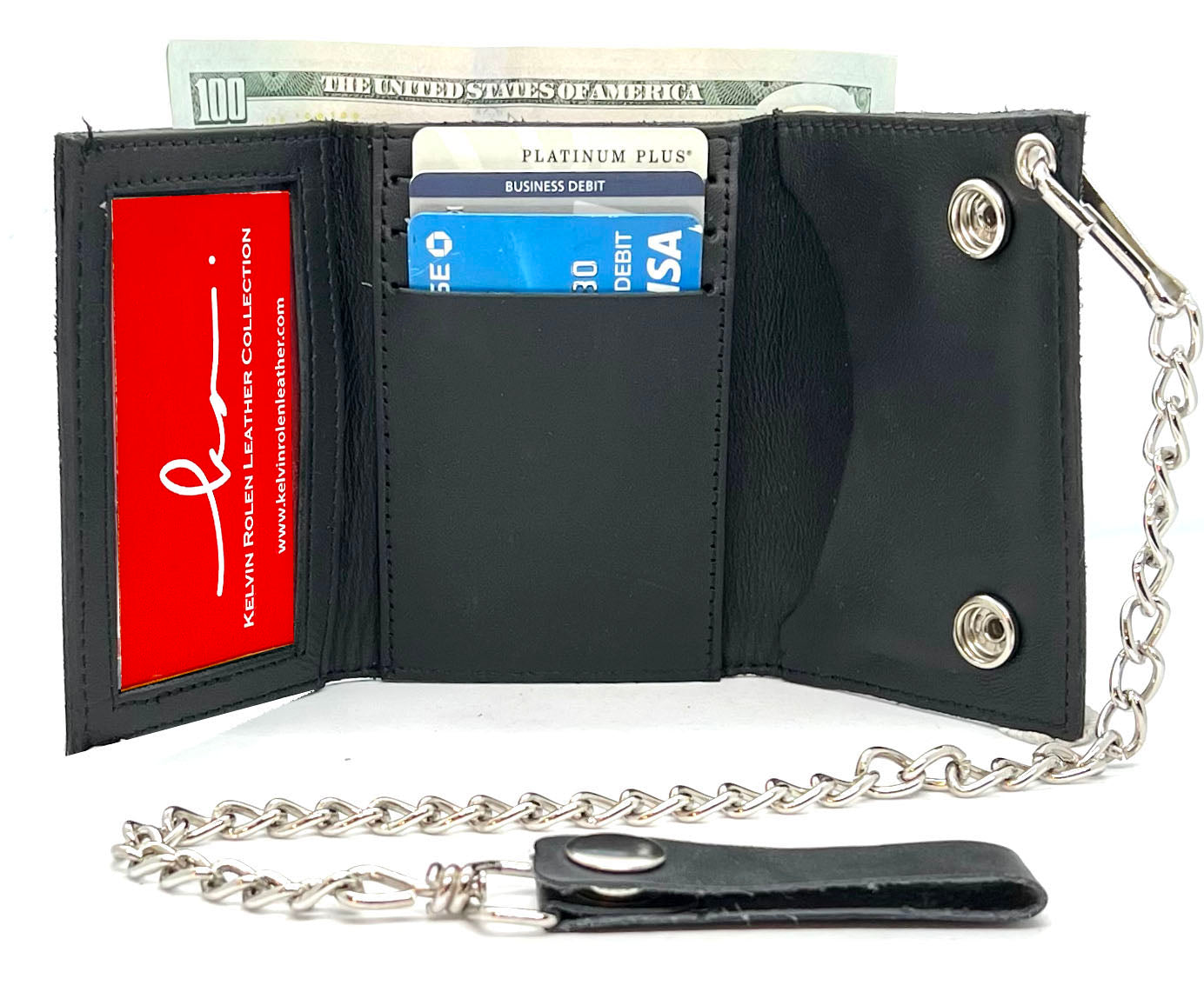 Black Mens Leather Biker's Chain Trifold Wallet Trucker Motorcycle Steel Chain