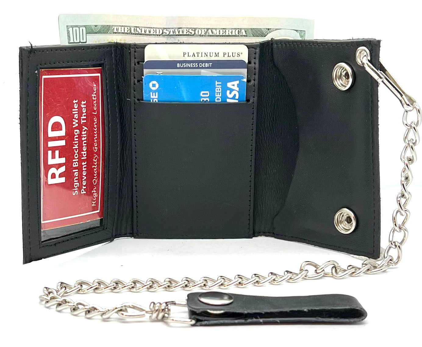 Black Mens Leather Biker's Chain Trifold Wallet Trucker Motorcycle Steel Chain
