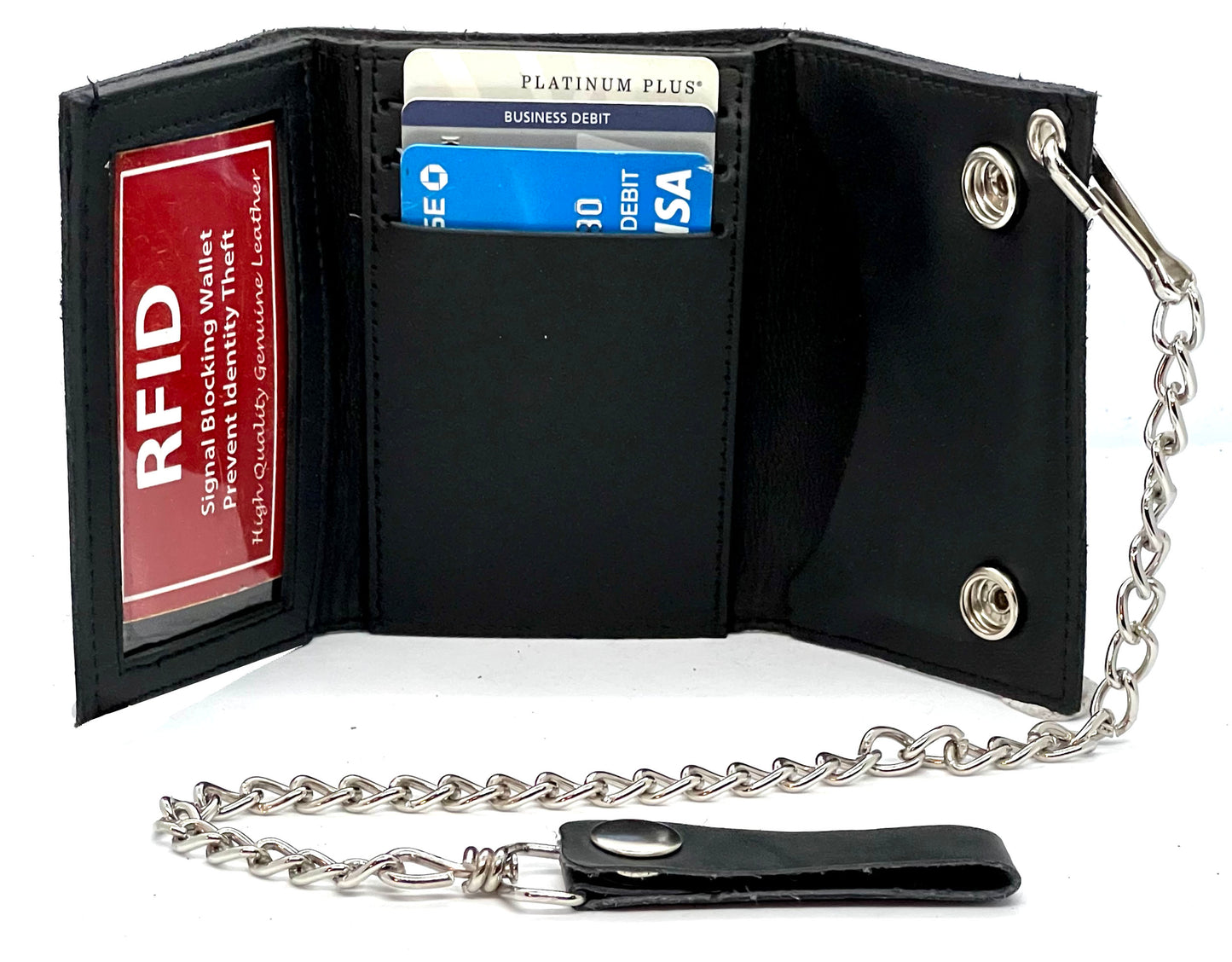 Black Mens Leather Biker's Chain Trifold Wallet Trucker Motorcycle Steel Chain