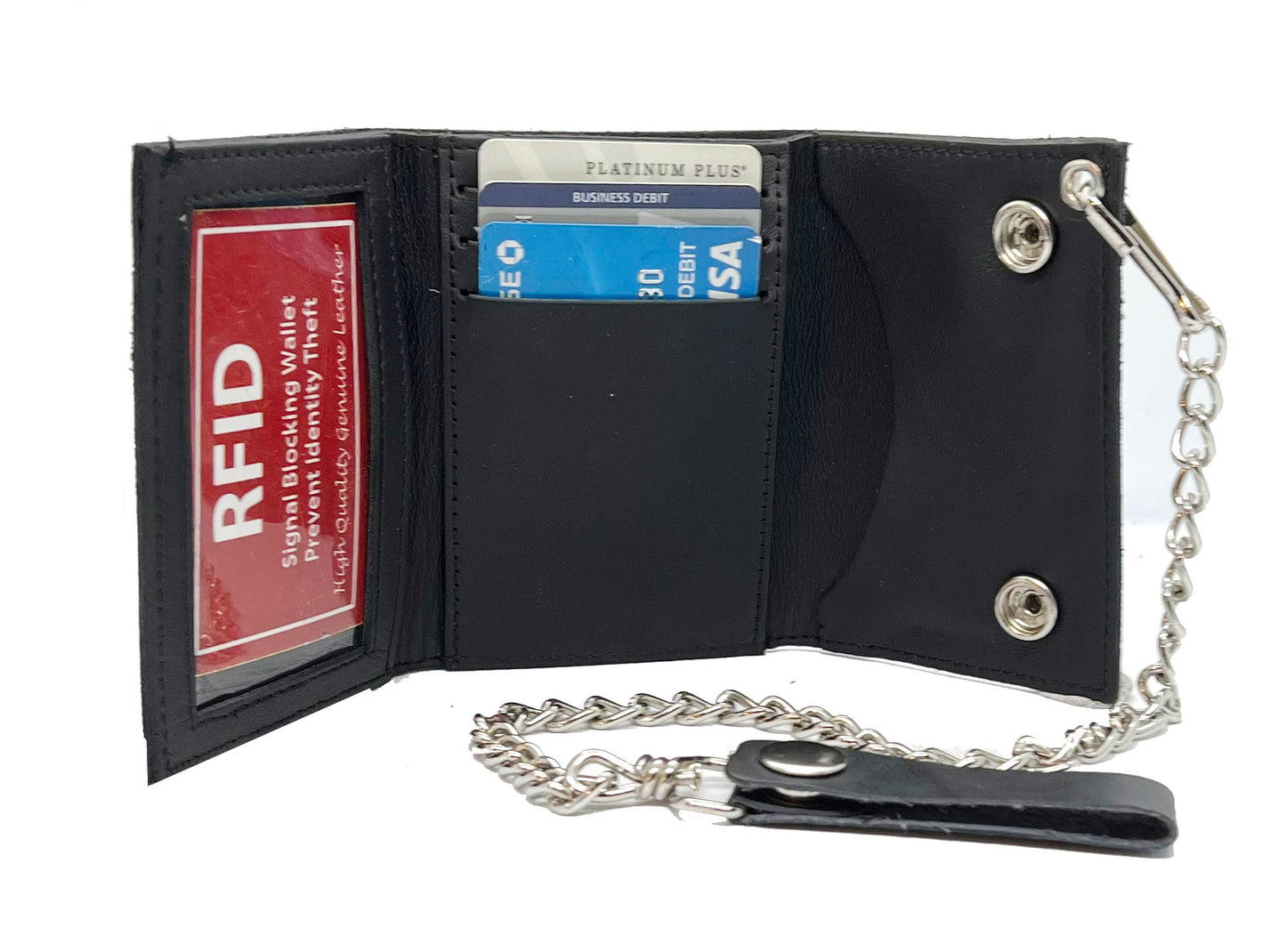 Black Mens Leather Biker's Chain Trifold Wallet Trucker Motorcycle Steel Chain