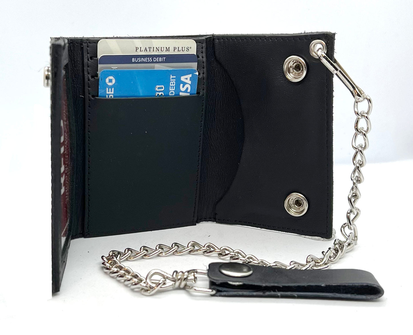 Black Mens Leather Biker's Chain Trifold Wallet Trucker Motorcycle Steel Chain