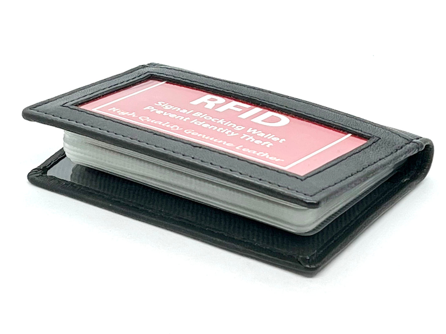 Black Leather Business Credit Card Wallet Pocket Organizer Clear Sleeve Insert