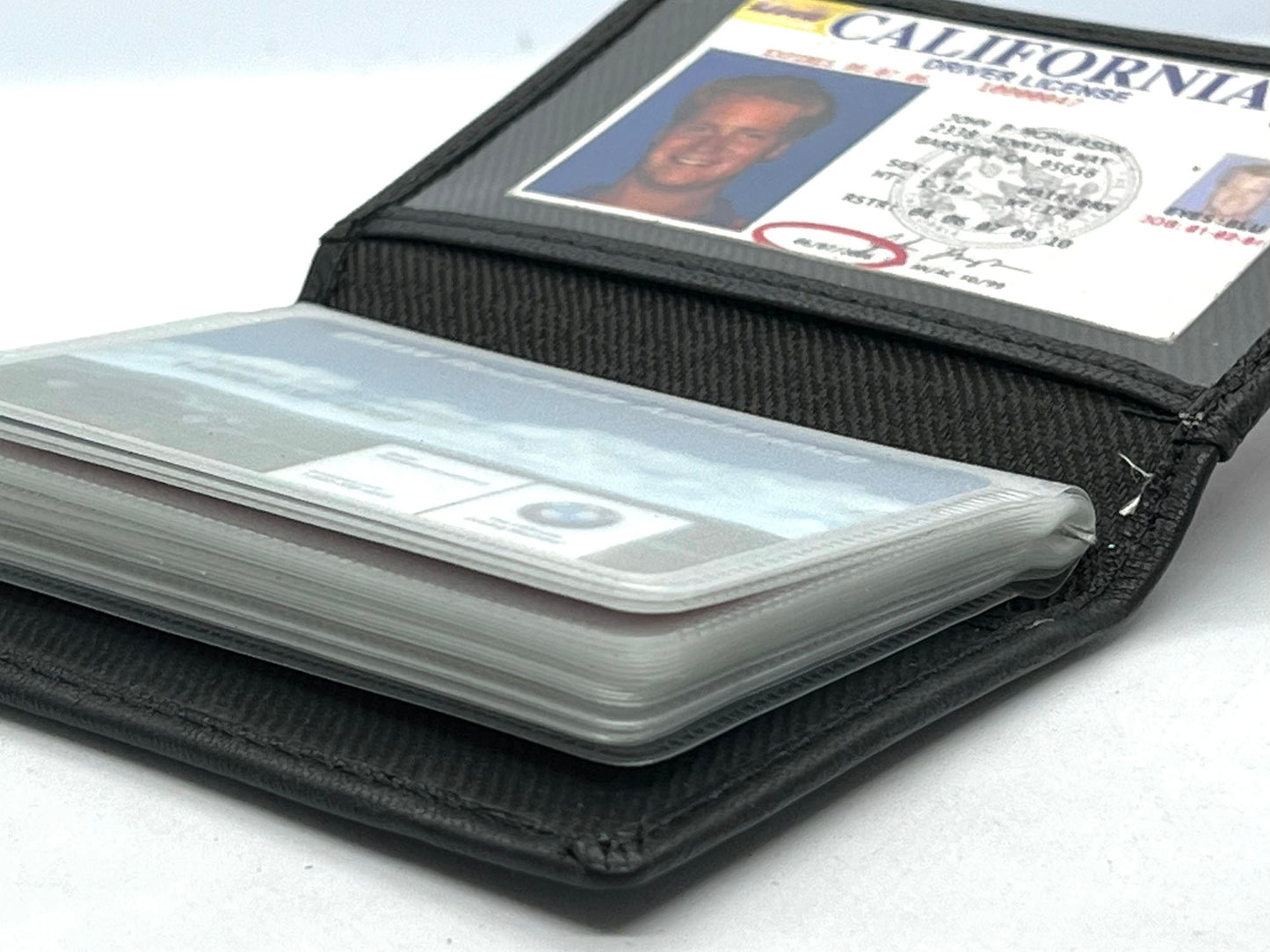 Black Leather Business Credit Card Wallet Pocket Organizer Clear Sleeve Insert