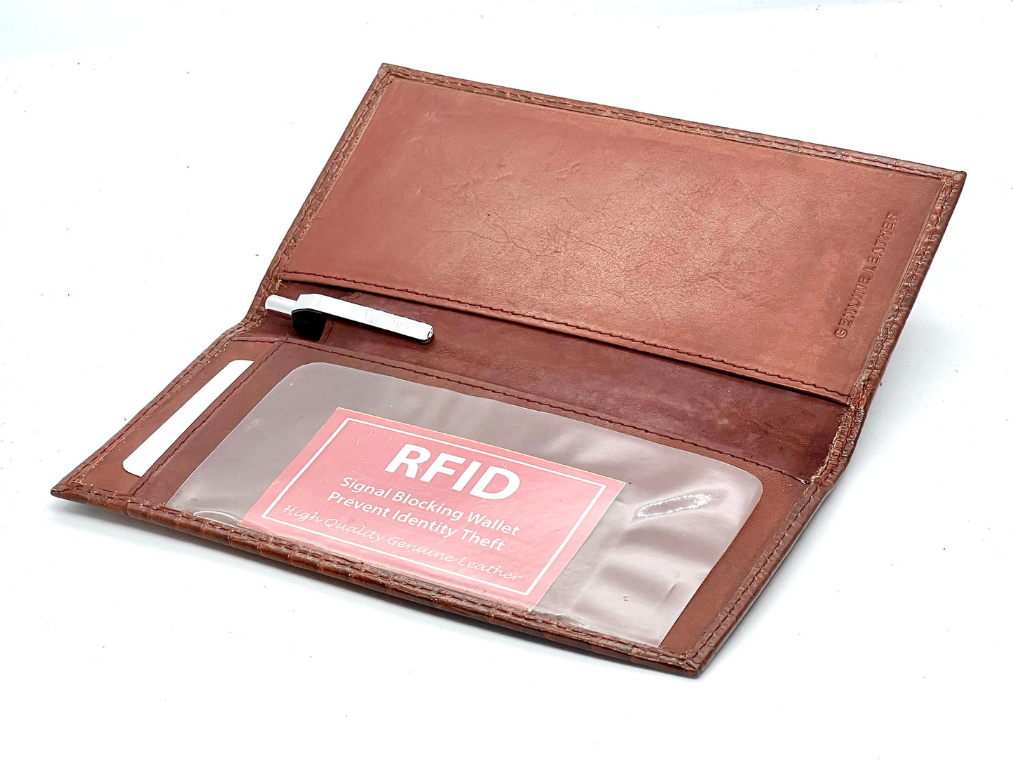 RFID Blocking Genuine Leather Croc Print Checkbook Cover Holder ID Card Wallet