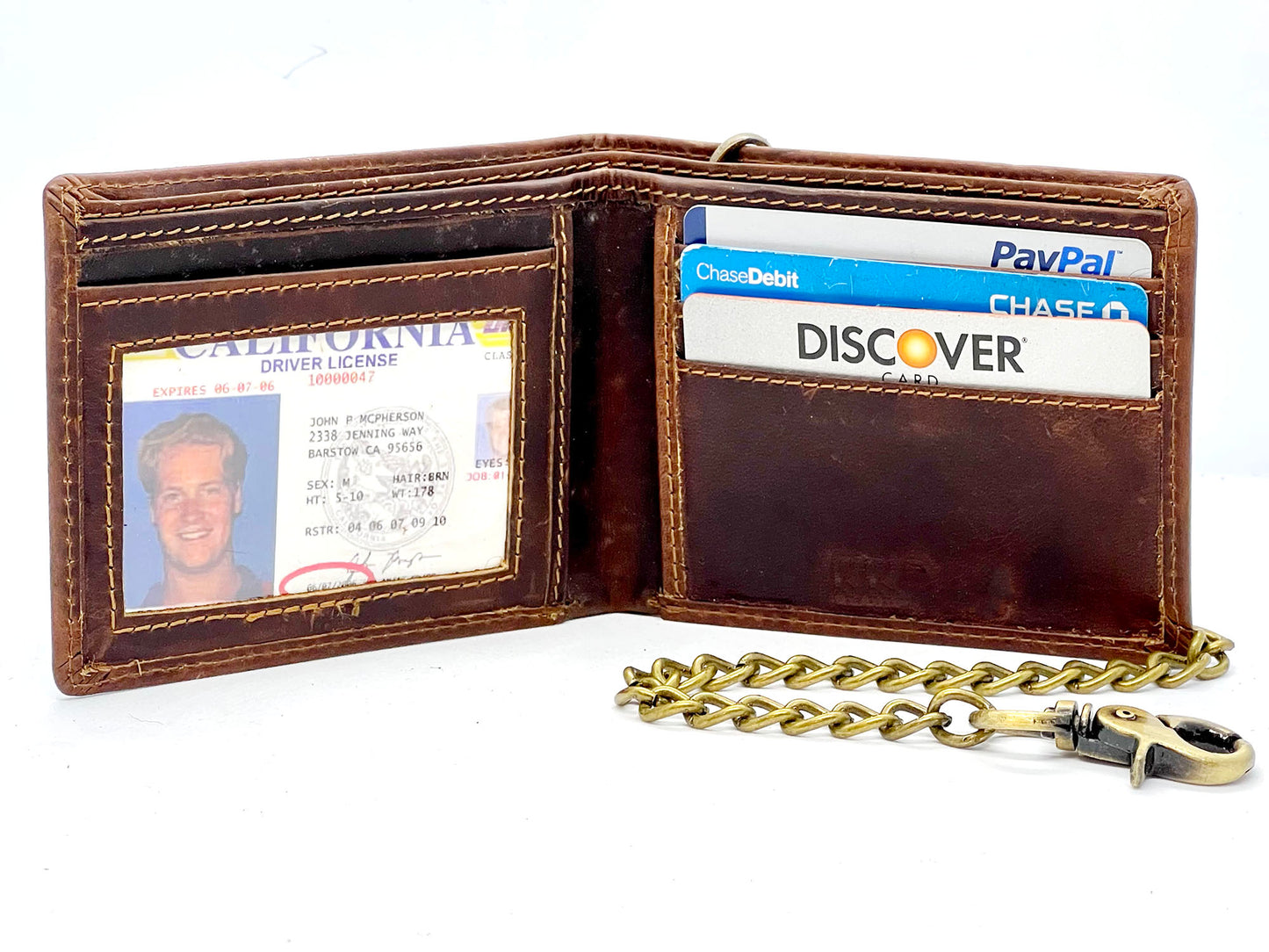 Hunter Brown Men's Genuine Leather Biker Trifold Wallet Steel Chain Trucker Motorcyclist