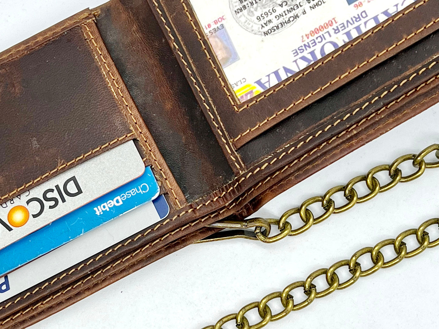 Hunter Brown Men's Genuine Leather Biker Trifold Wallet Steel Chain Trucker Motorcyclist