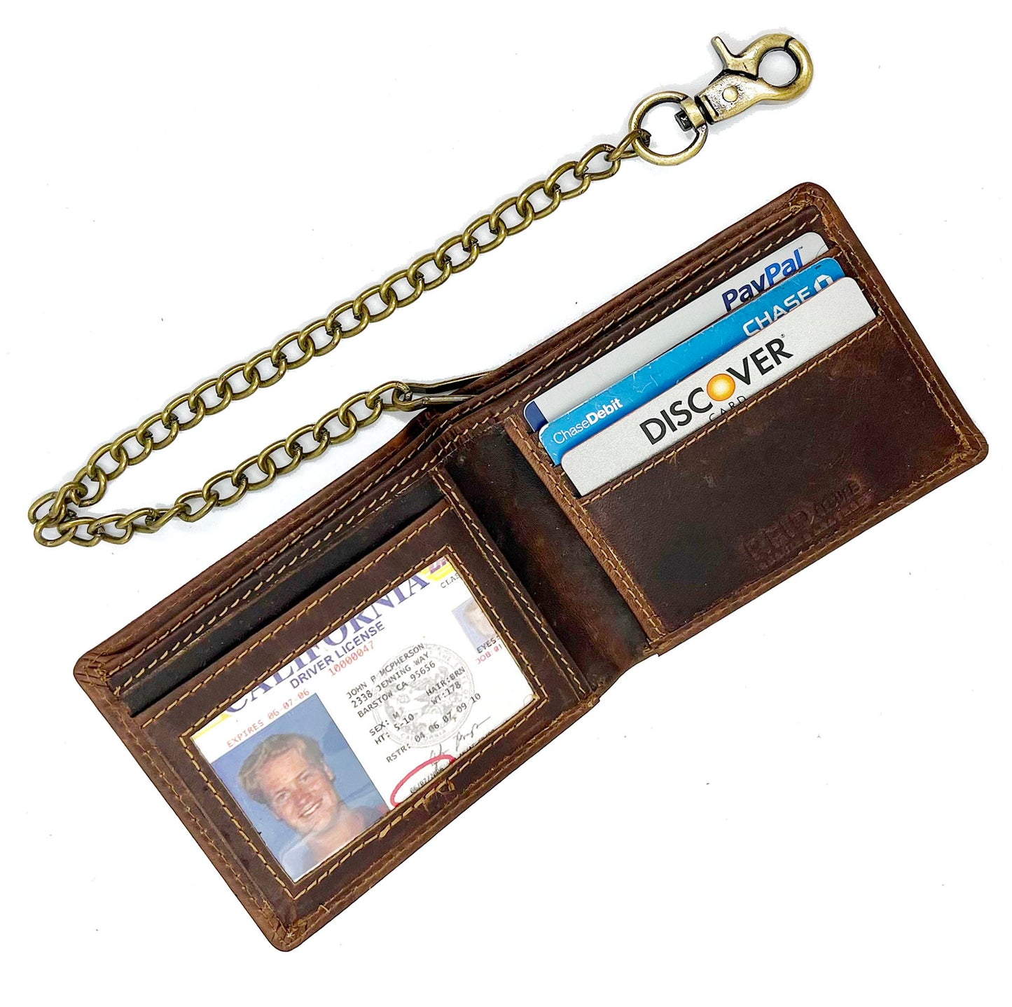 Hunter Brown Men's Genuine Leather Biker Trifold Wallet Steel Chain Trucker Motorcyclist