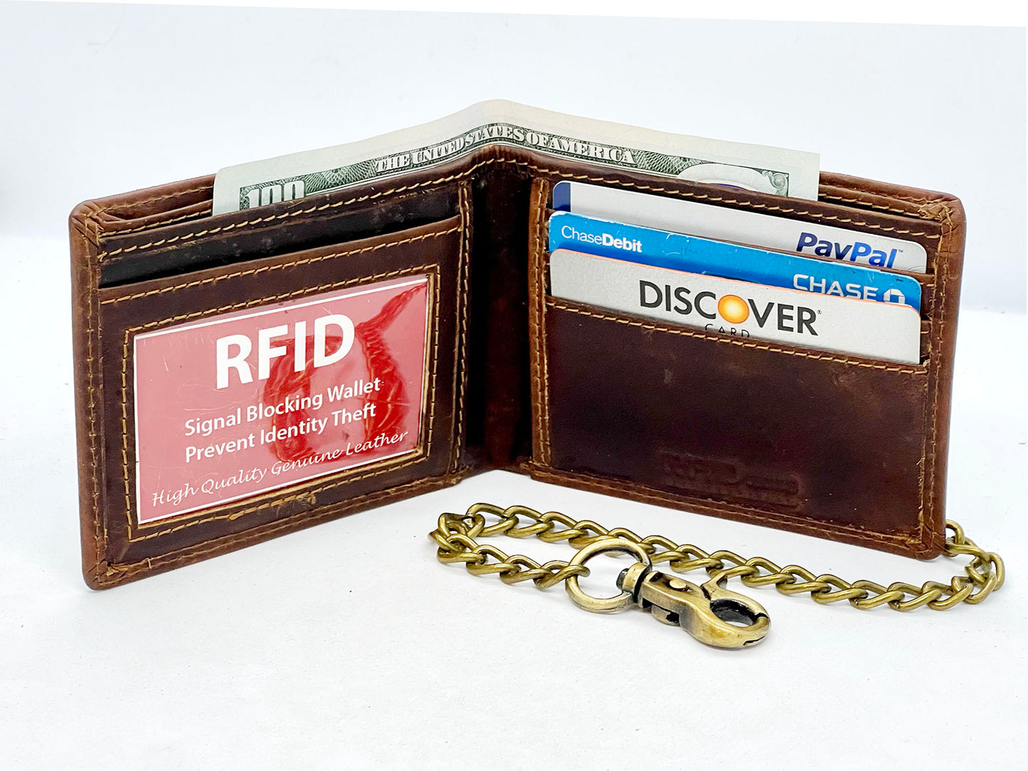 Hunter Brown Brown Vintage Leather Mens Biker's Steel Chain Bifold Wallet Trucker Motorcycle