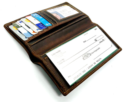 Hunter Brown Brown RFID Blocking Vintage Hunter Leather Men's Checkbook Wallet Full Grain Cowhide Center Credit Card Organizer