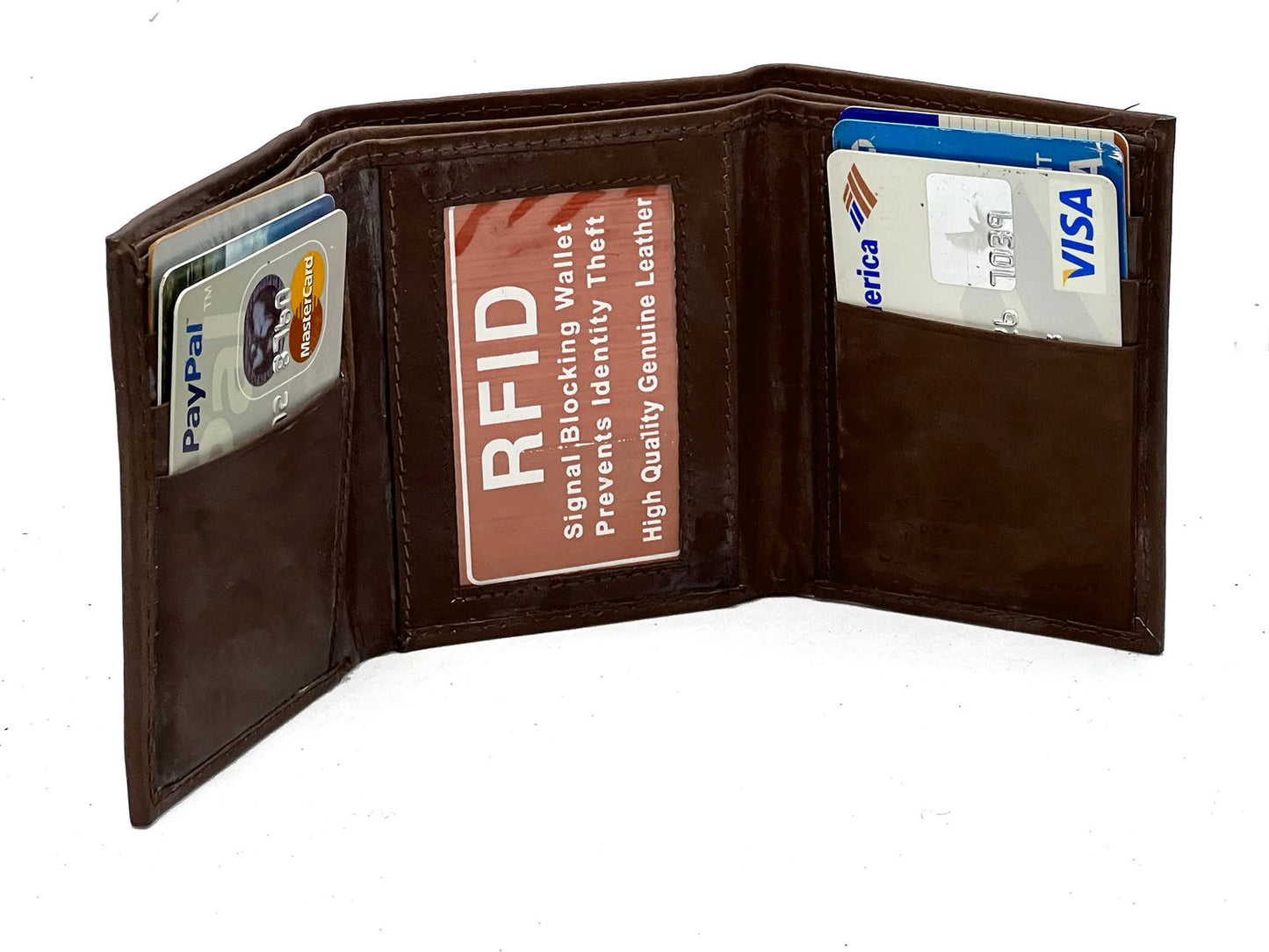 RFID BLocking Genuine Leather Men's Trifold Premium Cowhide Wallet Center Flap