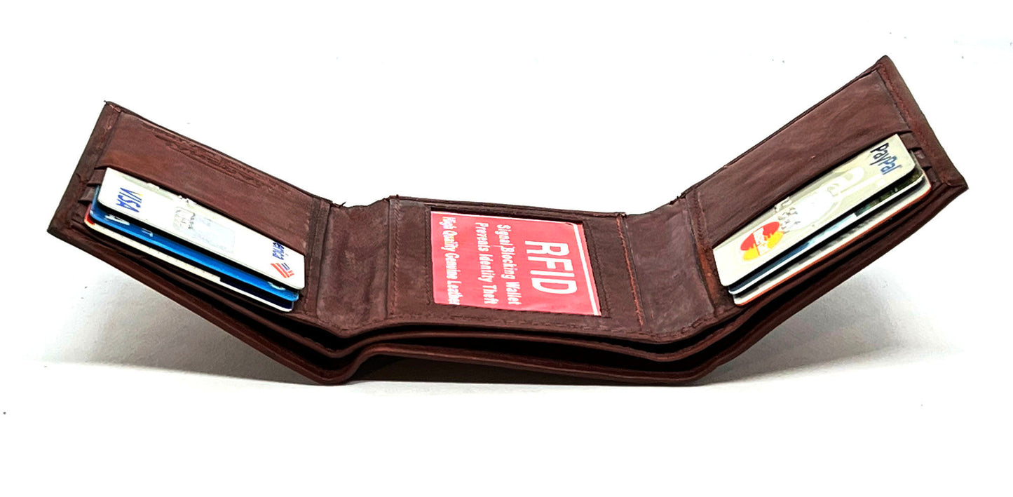 RFID BLocking Genuine Leather Men's Trifold Premium Cowhide Wallet Center Flap