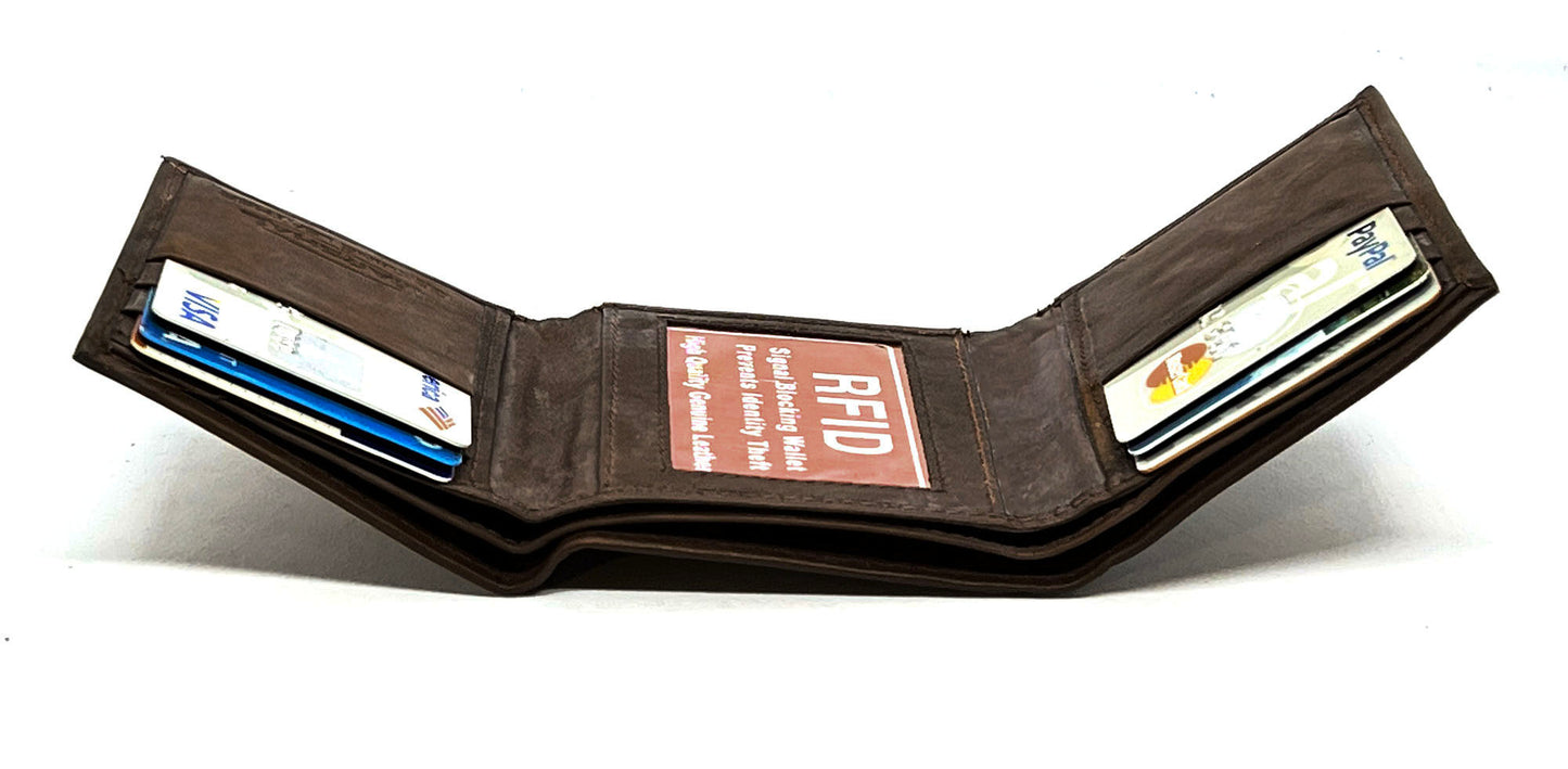 RFID BLocking Genuine Leather Men's Trifold Premium Cowhide Wallet Center Flap