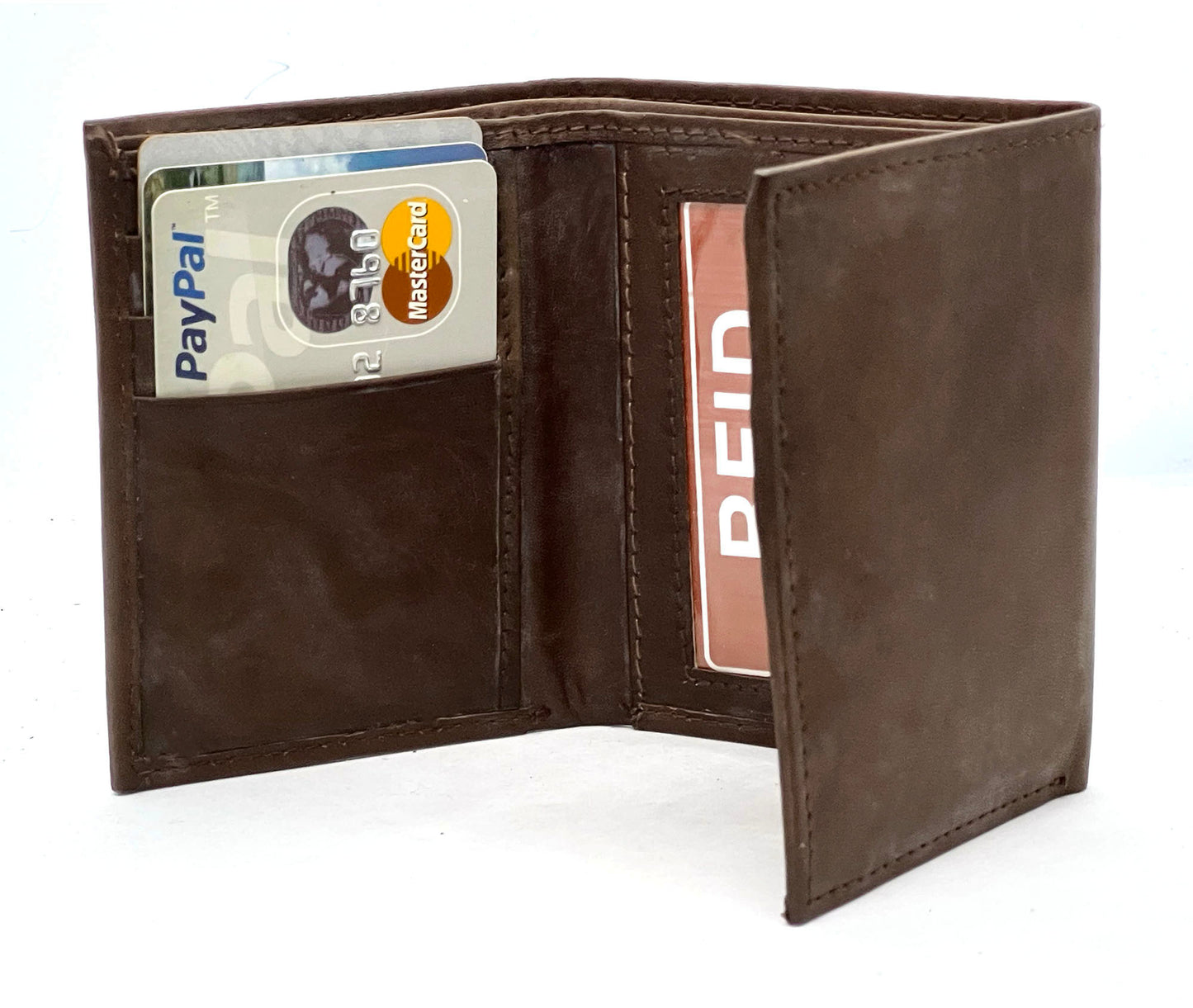 RFID BLocking Genuine Leather Men's Trifold Premium Cowhide Wallet Center Flap