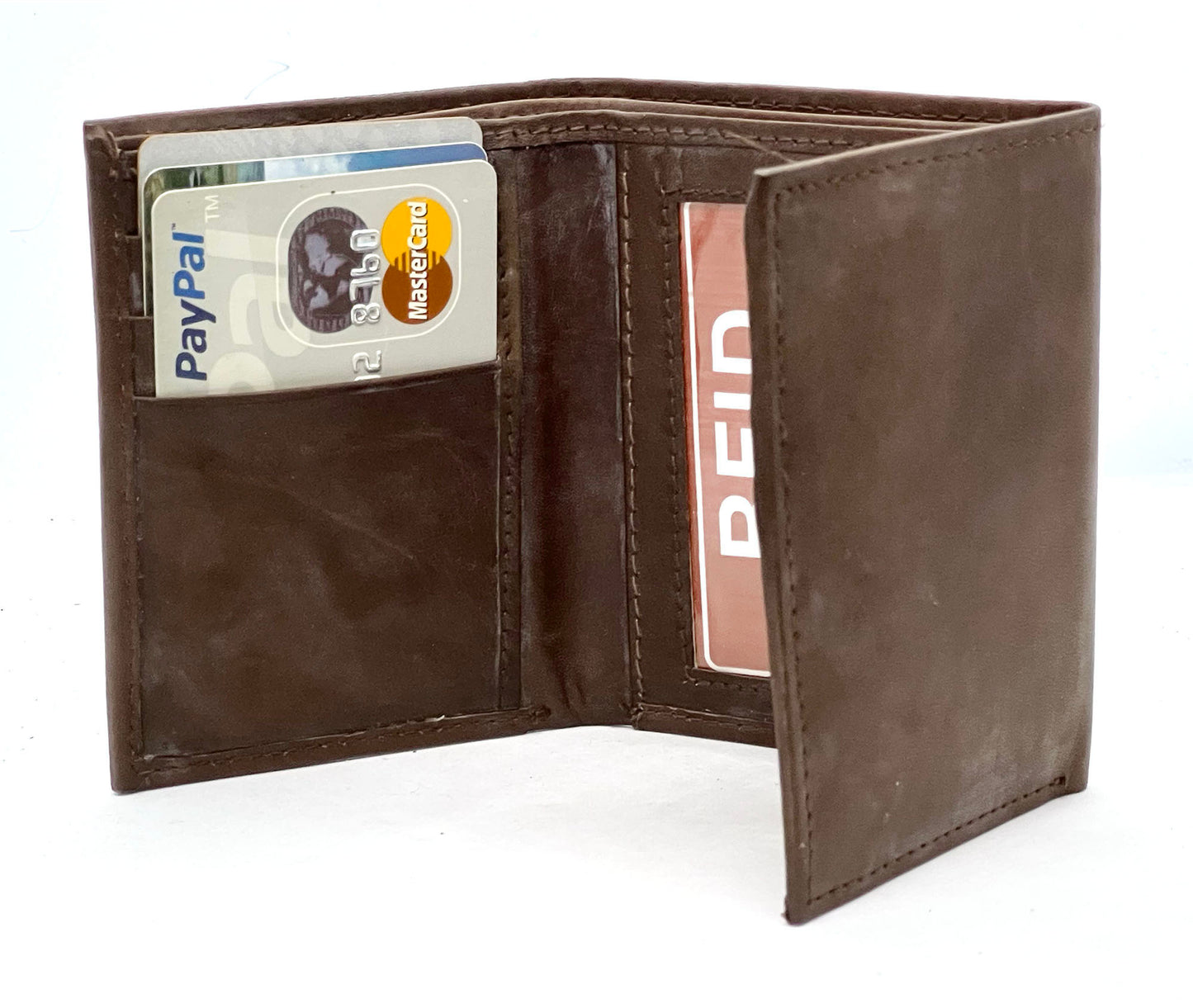RFID BLocking Genuine Leather Men's Trifold Premium Cowhide Wallet Center Flap