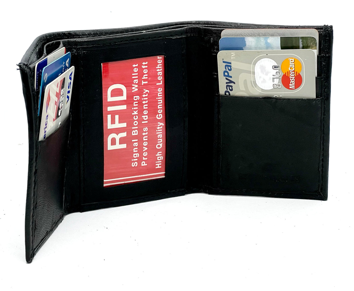 RFID BLocking Genuine Leather Men's Trifold Premium Cowhide Wallet Center Flap