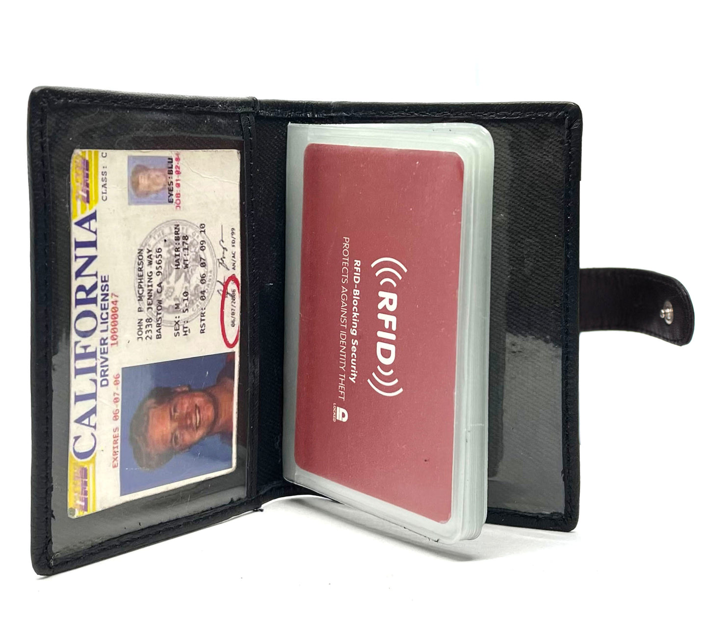 Black Leather Pocket Business Card Organizer Clear Sleeve Insert strap closed ID Wallet