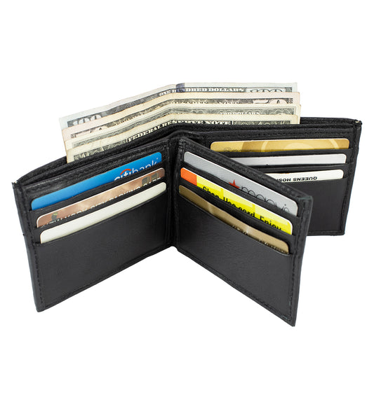 RFID Blocking Black Genuine Leather Men's Bifold Wallet Center Flap Credit Card Holder