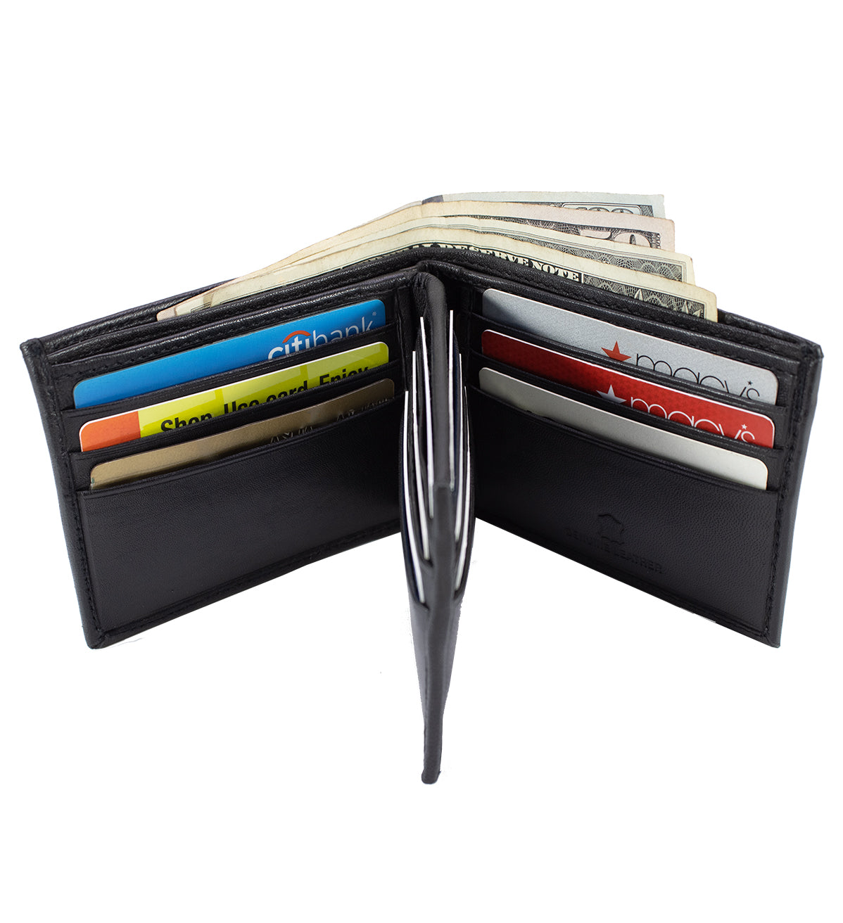 RFID Blocking Black Genuine Leather Men's Bifold Wallet ID Badge Holder