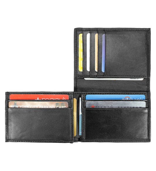 Black Genuine Leather Men's Trifold Wallet Flap Top Multi-Card Holder