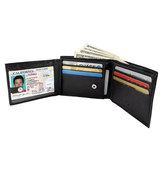 RFID Blocking Black Genuine Leather Men's Bifold Flat Out Wallet ID Holder