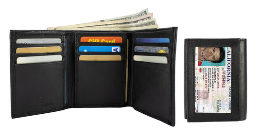 Black Genuine Leather Men's Trifold Wallet Front Pocket Multi-Card Holder