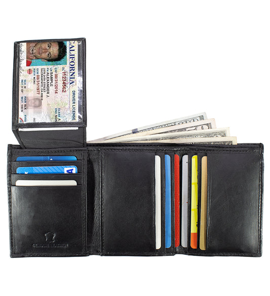 RFID Blocking Black Genuine Leather Men's Trifold Wallet Flap Top ID Holder