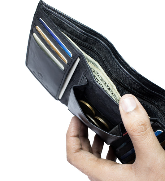 Black Genuine Leather Men's Trifold Wallet Coin Pocket Holder New
