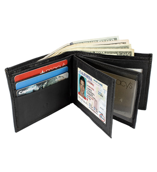 RFID Blocking Black Genuine Leather Men's Bifold Wallet Double Flap Holder